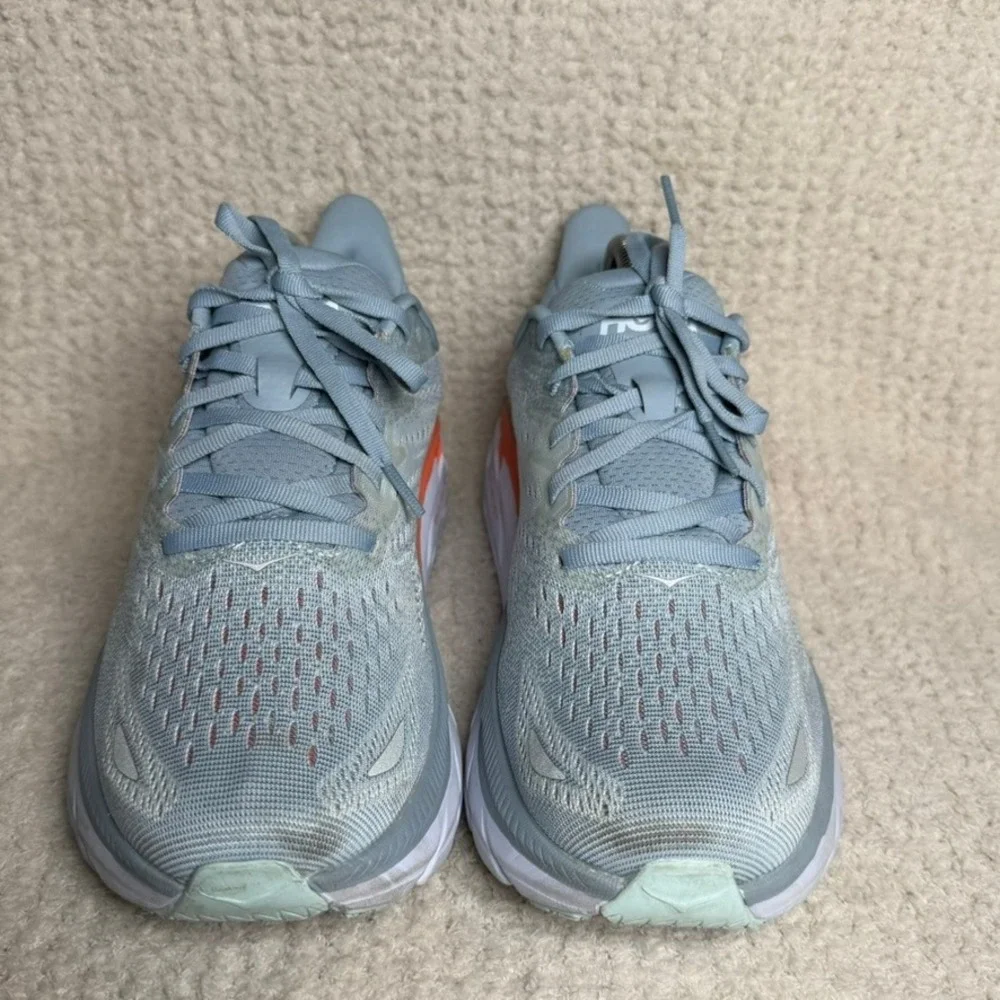 Hoka One One Clifton 8 Blue Fog Orange Running Shoes 1119394 BFPA Womens 9.5 B